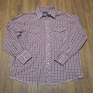 Vintage 90s Wrangler Men’s M Blue White Classic Plaid Western Pearl Snap Shirt